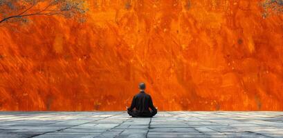 Buddhist Monk Meditating in Front of a Large Orange Wall photo