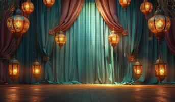 Ornate Golden Lanterns Hanging in Front of Teal Curtains photo