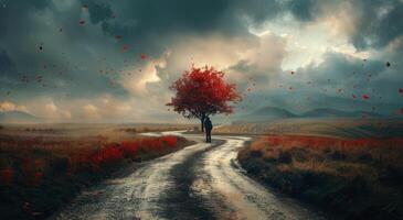 Solitary Figure Walking Down a Winding Road in a Stormy Landscape photo