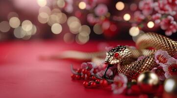 Golden Snake With Red Eyes and Pink Blossoms photo