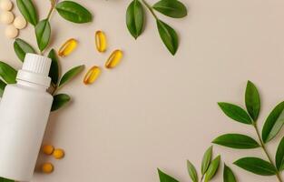 White Bottle and Pills With Green Leaves photo