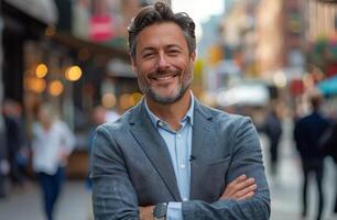 Confident Man Smiling in a Suit on a City Street photo