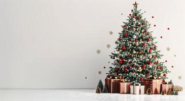 Decorated Christmas Tree With Gifts in Front of a White Wall photo