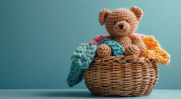 Crocheted Bear and Yarn in Wicker Basket on Blue Background photo