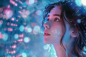 Woman Gazing Through Window With Neon Lights and Digital Patterns photo