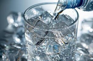 Pouring Sparkling Water Into Glass With Ice Cubes photo