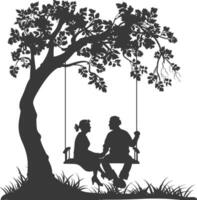 Silhouette of couple on swing under tree vector