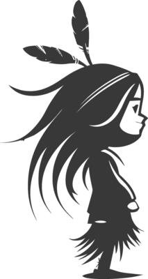 A cartoon native american girl with feathers on her head