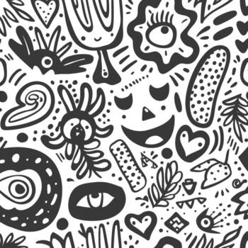 A black and white doodle pattern with various objects vector