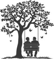 Silhouette of an old couple sitting on a swing under a tree vector