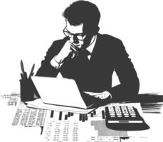 A black and white illustration of a man in a suit sitting at a desk with a laptop vector