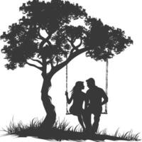 Silhouette of a couple sitting on a swing under a tree vector