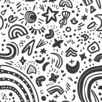 A black and white doodle pattern with various objects vector