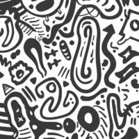 A black and white doodle pattern with various symbols vector