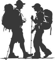 Silhouettes of two hikers with backpacks vector