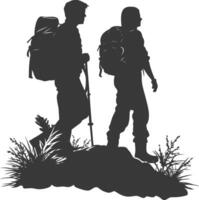 Silhouettes of two hikers with backpacks on a hill vector