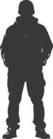 Silhouette of a man in a hoodie standing in front of a white background vector