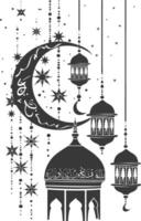 An islamic design with a crescent and lanterns vector