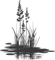 A black and white drawing of a pond with grass and water vector