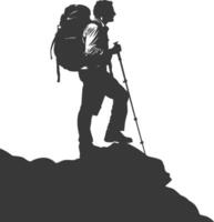 Silhouette of a man with backpack and trekking poles on top of a mountain vector