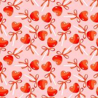 Seamless pattern with lollipops in the shape of hearts and bows. Cute girly pink and red background. Repeating print for fabric, wrapping paper, textile, wallpaper vector