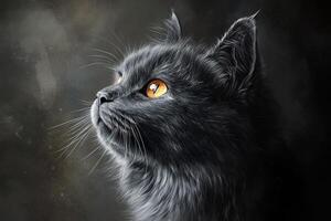 A striking black cat gazes thoughtfully into the distance against a dramatic backdrop photo