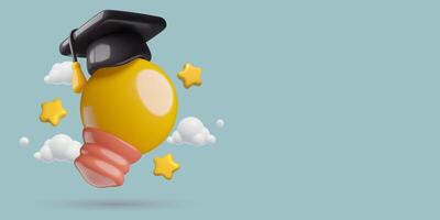 Education and teaching technology background with 3d light idea bulb graduation hat and stars vector