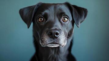 A bronze dog with bright eyes posing against a vibrant blue background in a studio setting photo