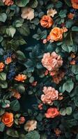 A vibrant collection of blue and orange flowers surrounded by dark green leaves in nature photo