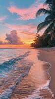 Sunset over a serene tropical beach with palm trees and gentle ocean waves in the evening photo