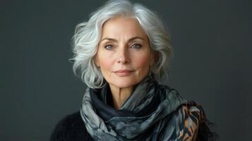 Elderly woman with silver hair and yellow scarf enjoys a serene autumn day in a park setting photo