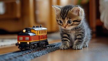 Curious kitten investigates a toy train set indoors near a cozy window during daylight hours photo