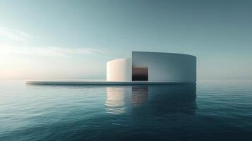 A minimalistic white obelisk reflecting in the tranquil blue waters under a clear sky at dawn photo