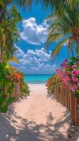 Beautiful tropical pathway leading to a stunning beach with vibrant flowers and clear skies photo