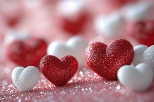 A vibrant collection of sparkling red and white hearts on a soft pink background for a celebration photo