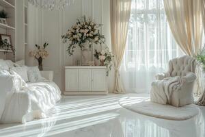 Elegant living room with large windows and bright natural light in a serene environment photo