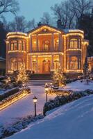 Elegant mansion decorated with holiday lights in a snowy winter landscape at dusk photo