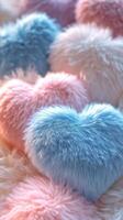 Colorful fluffy heart shaped decorations on a soft surface arranged with pastel colors photo