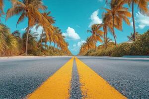 A tree lined road with palm trees under a bright blue sky during a sunny day photo