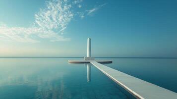 A minimalistic white obelisk reflecting in the tranquil blue waters under a clear sky at dawn photo
