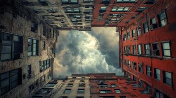 Looking up at a vibrant urban alleyway surrounded by historic buildings and cloudy sky photo