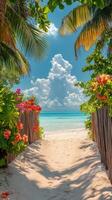 Beautiful tropical pathway leading to a stunning beach with vibrant flowers and clear skies photo