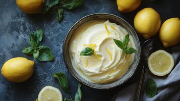 Creamy lemon ice cream in a bowl surrounded by fresh lemons on a light background photo