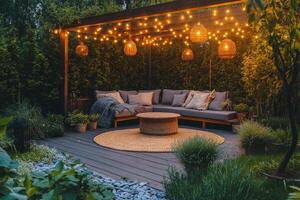 Cozy outdoor seating area with string lights and greenery in a tranquil garden space photo