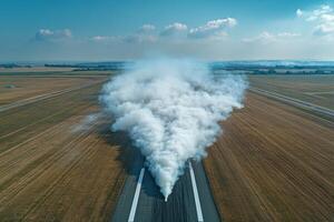 Clouds of vapor billow from the runway of an open airfield under a clear blue sky in daylight photo