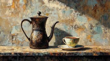Rustic teapot and cup on a weathered wooden surface with textured wall background photo