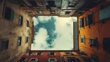 Looking up at a vibrant urban alleyway surrounded by historic buildings and cloudy sky photo