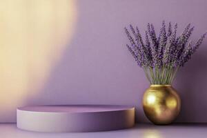 Elegant arrangement of lavender in a vase on a simple pedestal in a serene indoor setting photo