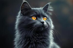 A striking black cat gazes thoughtfully into the distance against a dramatic backdrop photo