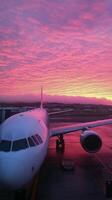 Sunset view of an airplane at the airport with vibrant skies in the background photo
